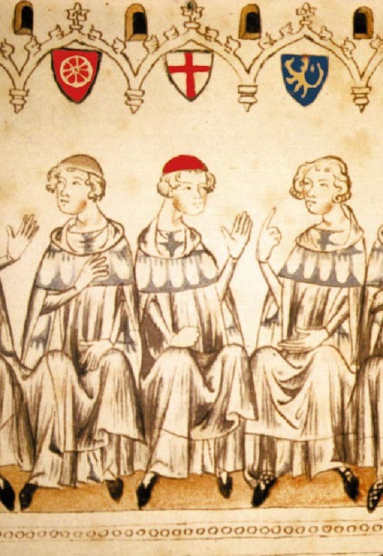 The  electors electing Emperor Henry VII. From left to right are the archbishop of Mainz, Peter, Baldwin of Luxembourg and the count palatine of the Rhine, Rudolph (Balduineum)